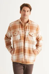 AC&Co / Altınyıldız Classics Men's Mink-ecru Oversize Wide Cut Buttoned Collar Checkered Winter Shirt Jacket