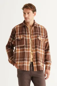 AC&Co / Altınyıldız Classics Men's Mink-brown Oversize Loose Cut Button Collar Plaid Winter Shirt Jacket #3015529