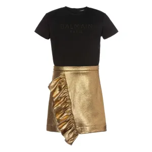 Balmain Girls Ruffle Dress Black & Gold - 12Y Black & Gold