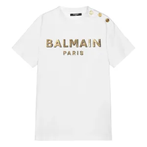 Balmain Unisex Golden Logo T-Shirt White - 4Y White
