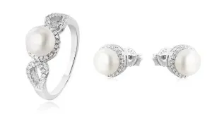 Beneto Set di gioielli con perle e zirconi (orecchini, anello circonferenza 50 mm)