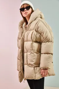 Bianco Lucci Women's Beige Oversized Puffy Coat with Large Double Pockets