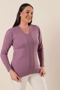 By Saygı V-Neck Hole Work Detailed Plus Size Acrylic Sweater Lilac