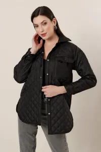 By Saygı Pockets with Snap Fastener, Checkered Patterned Quilted Coat Black #2785353