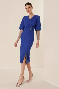 By Saygı Double-breasted Collar Waist with Buckles, Fishnet Beads Detailed, Balloon Sleeves Wide Body Space Dress in Saks
