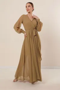 By Saygı Double Breasted Neck Long Sleeves Lined Chiffon Long Dress Gold