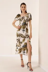 By Saygı Leaf Patterned Short Sleeves with Elasticated Front Slit See-through Dress Brown