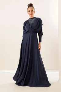 By Saygı Satin Long Dress with Gathered Sleeves, Button Detail, Lined and Beaded Front