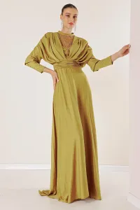 By Saygı Satin Long Dress with Gathered Sleeves, Button Detail, Lined and Beaded Front