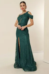 By Saygı One-Sided Thread Straps Waist Beaded Lined Embroidered Sequins Embroidered Long Mermaid Dress with a Slit in the Front Emerald