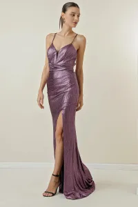 By Saygı Rope Straps Draped With Lace-Up Back, Lined, Glittery Long Dress with a Slit in the Front