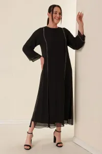 By Saygı Stone Detailed Chiffon Lycra Plus Size Long Dress Black