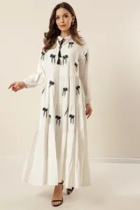 By Saygı Tie-down collar with floral embroidery and elasticated sleeves. Comfortable fit. Long Viscose Dress in Ecru