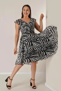 By Saygı Zebra Patterned Lined Plus Size Chiffon Dress With Ruffle Collar