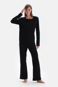 Dagi Black Collar Detailed Long Sleeve Knitted Pajamas Set