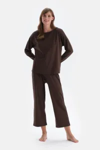 Dagi Dark Brown Boat Neck Basic T-Shirt Trousers Pajama Set #3059544