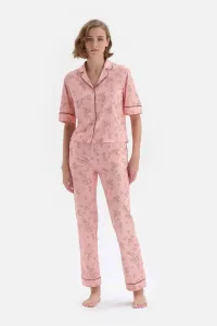 Dagi Light Salmon Star Patterned Shirt and Knitted Pajamas Set