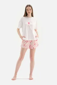 Dagi An Off-White Bis Collar Printed Knitted Top With Printed Shorts and Bottom Knitted Pajamas Set