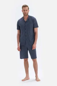 Dagi Navy Blue Printed Shirt Collar Shorts, Knitted Pajamas Set #2005003