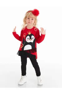 Denokids Penguin Lace Girl Red Tunic Black Leggings Set