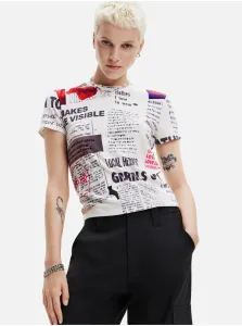 White Desigual Newspaper Patterned T-Shirt for Women - Women