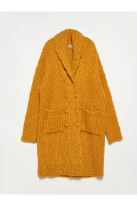 Dilvin 60162 Bathrobe Collar Knitwear with Pockets Cardigan-mustard