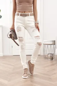 Fitted denim pants with holes in cream color #1436540