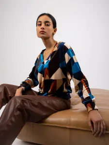 Blue and brown patterned velour blouse Liliana