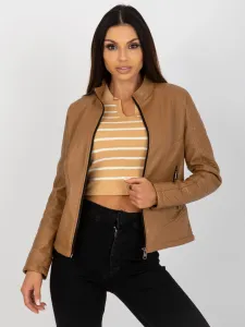 Camel women's eco-leather jacket with stand-up collar