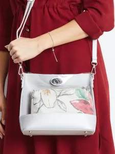 Silver handbag with removable cosmetic bag