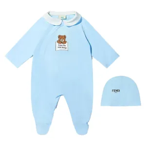 Fendi Baby Boys Bear Logo Babygrow And Hat Set Blue - 1M BLUE