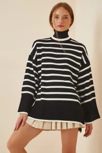 Happiness İstanbul Women's Black and White Turtleneck Striped Oversized Knitwear Sweater