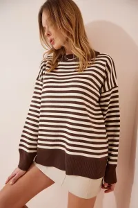 Happiness İstanbul Women's Brown Cream Crew Neck Striped Knitwear Sweater