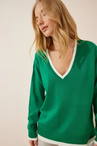 Happiness İstanbul Women's Green V-Neck Oversize Knitwear Sweater