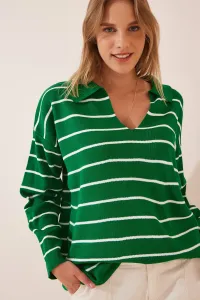 Happiness İstanbul Women's Green Polo Neck Striped Knitwear Sweater