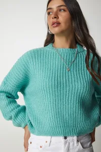Happiness İstanbul Women's Water Green Basic Knitwear Sweater with Balloon Sleeves