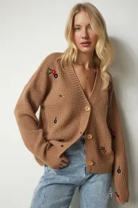 Happiness İstanbul Women's Biscuit Floral Embroidery Buttons Knitwear Cardigan