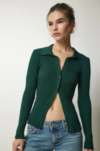 Happiness İstanbul Women's Dark Green Buttoned Ribbed Knitwear Sweater