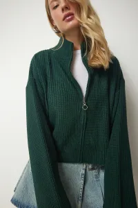 Happiness İstanbul Women's Emerald Green Zippered Knitwear Cardigan