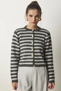 Happiness İstanbul Women's Gray Metal Button Detailed Striped Knitwear Cardigan