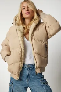 Happiness İstanbul Women's Beige Hooded Puffy Coat