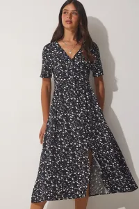 Happiness İstanbul Women's Black Floral Viscose Summer Dress with One Button