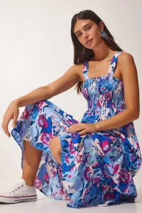 Happiness İstanbul Women's Blue Pink Floral Strapless Summer Knitted Dress #2568569