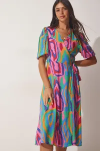 Happiness İstanbul Women's Pink Green Patterned Wrapped Viscose Dress #2323140
