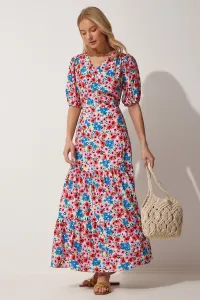 Happiness İstanbul Women's Red Blue Floral V-Neck Summer Woven Dress