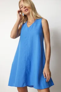 Happiness İstanbul Women's Blue V-Neck Linen A-Line Dress