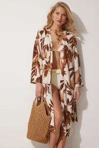 Happiness İstanbul Women's Brown Cream Patterned Long Crinkle Viscose Summer Kimono