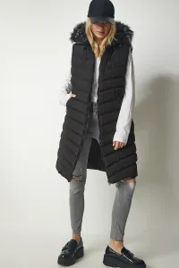 Happiness İstanbul Women's Black Furry Hooded Long Inflatable Vest
