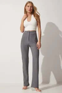 Happiness İstanbul Women's Gray High Waist Striped Trousers
