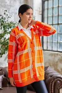InStyle Meri Checked Patterned Sweater Patterned Cardigan - Orange